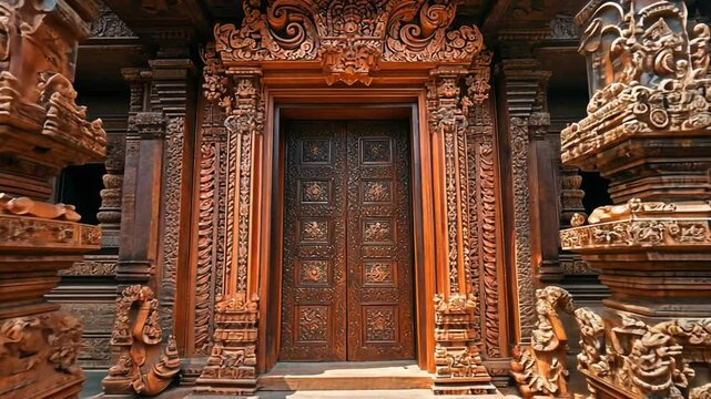 Ornate wooden doorway, temple entrance, intricate carvings, sunlight on ancient architecture