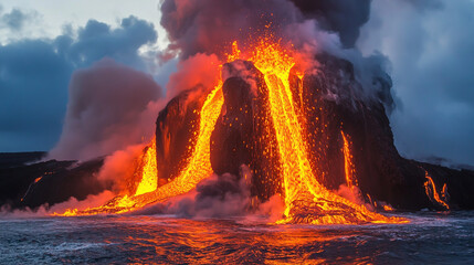 An awe-inspiring spectacle of a volcanic eruption, featuring a towering explosive eruption column
