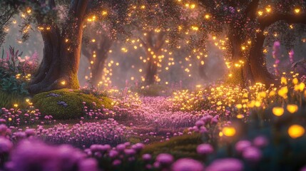 Naklejka premium Enchanted forest pathway with glowing lights, vibrant flowers, and magical ambiance under a twilight sky