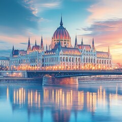Fototapeta premium Budapest Parliament Sunrise Reflection.
