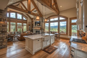 A beautiful modern kitchen and living room with scenic mountain views