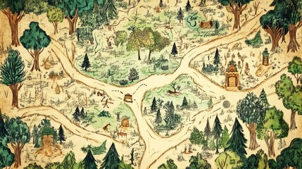 Obraz premium Illustrated Vintage Map of a Forest Landscape with Trails, Wildlife, and Nature Elements
