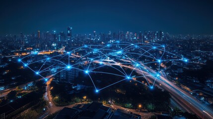 Fototapeta premium City network at night, aerial view, futuristic connections
