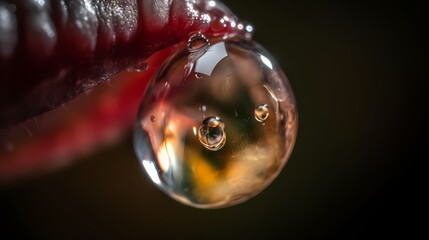 Jewel of a Droplet: Captivating macro shot showcasing a translucent water droplet, glistening on a textured surface, reflecting the surrounding environment with intricate detail. 