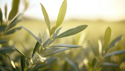 Fototapeta premium Close-Up of Green Olive Leaves with Sunlight Glimmering on Fresh Foliage in a Serene Nature Setting, Ideal for Botanical and Organic Photography Needs
