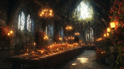 Fototapeta premium A Medieval Feast Set In A Beautiful Illuminated Banquet Hall