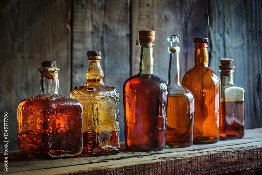 Poster vintage bottles of strong alcohol displayed on a rustic wooden table perfect for distillery advertis