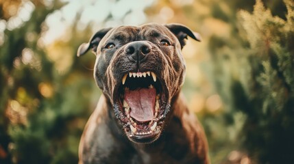 A fierce dog barking in a lush green environment, showcasing its powerful presence amidst nature