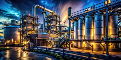 Steel giants loom under the night sky; industrial tanks and pipes silhouette against the dark.