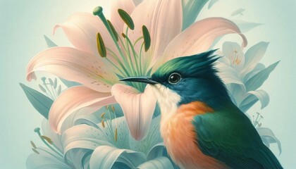 Naklejka premium Ein farbenfroher Vogel sitzt vor rosa Lilien, perfekt als Buchillustration, Kartenmotiv, Poster, Leinwandbild oder Wandbild. Generative KI