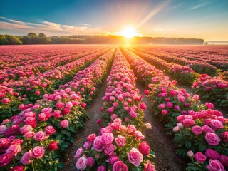 Fototapeta premium Aerial Drone Shot of Pink Rose Flower Field, Blooming Roses Background