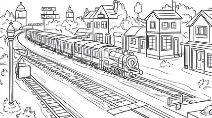 Naklejka premium Train in a charming town coloring page