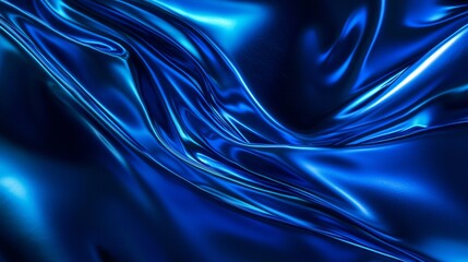 Fototapeta premium Luxurious blue silk fabric flowing and shimmering, creating an elegant backdrop with soft folds and highlights. The smooth texture enhances the dynamic, fluid appearance, embodying sophistication