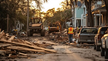 Fototapeta premium cleaning up debris after a natural disaster