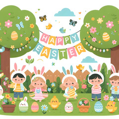 Fototapeta premium Easter Garden Illustration, Children Egg Hunt with Bunny Suits and Chicks, Kid-Friendly Easter Egg Hunt Clipart, bunny costumes, Pastel Garden Illustration with Children and Chicks. Generative ai