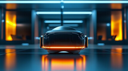 Futuristic self-driving car in a modern hallway.