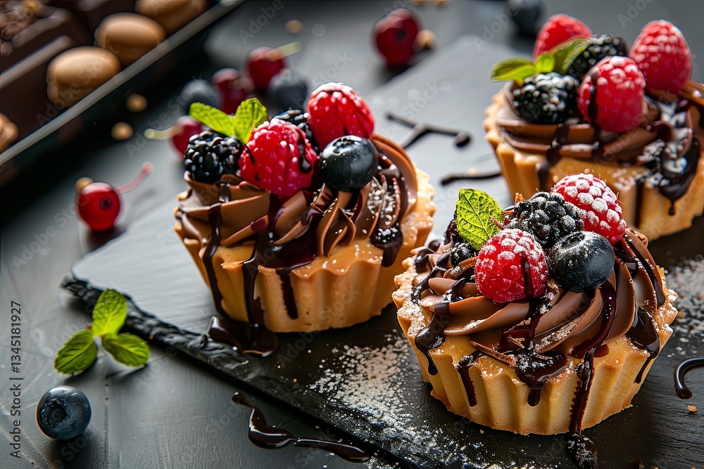 Poster elegant pastries adorned with chocolate and fresh berries, perfect for a sophisticated dessert displ