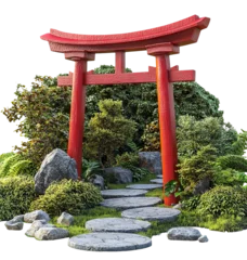 Selbstklebende Fototapeten Vibrant Red Torii Gate Surrounded by Lush Greenery and Stones © Ghebore