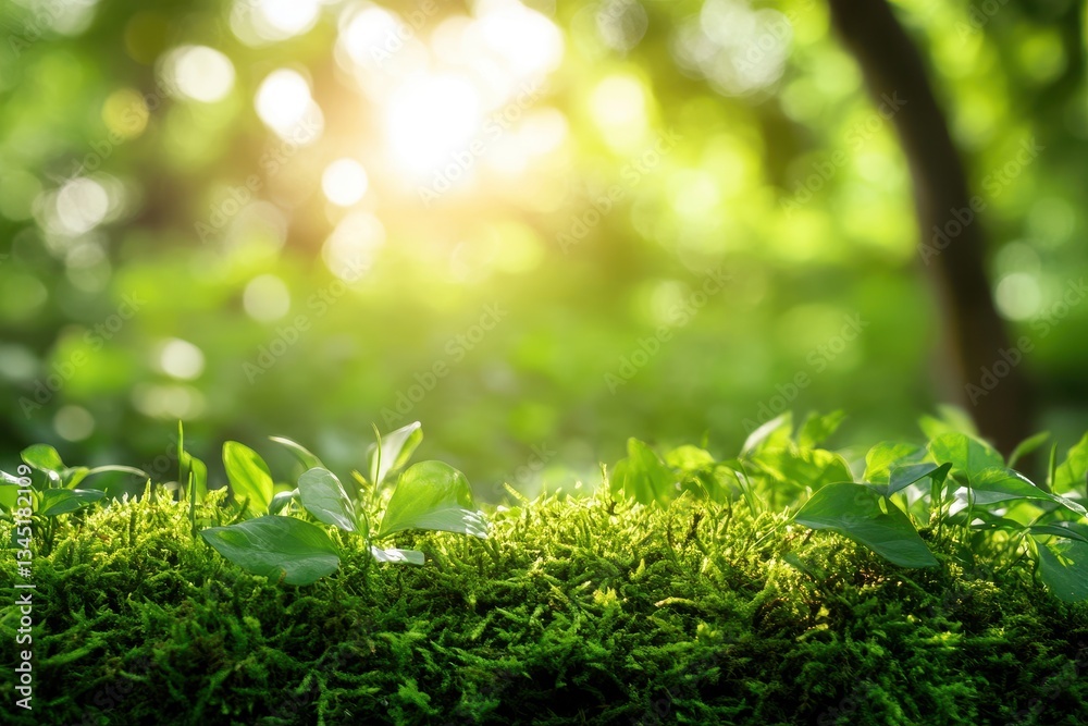 Poster green moss and small plants in a forest with sunlight shining through trees, creating a tranquil and