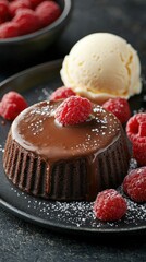 Molten chocolate cake with raspberries and vanilla ice cream, dessert