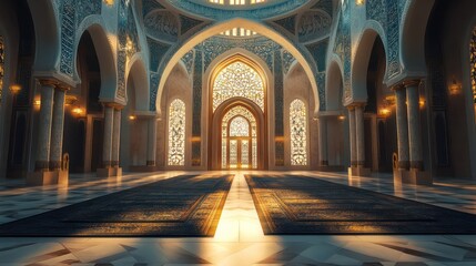 Obraz premium A wide-angle shot of the interior of a mosque, showcasing the intricate calligraphy, ornate dome, and tranquil prayer space, with soft light streaming through the windows