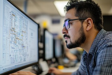 Engineer focused on architectural plans during a design session in a modern office environment with colleagues in the background