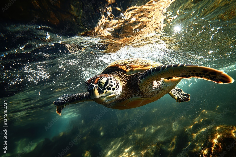 Aufkleber Close-up view of a sea turtle swimming in clear blue waters, showcasing intricate shell patterns and vibrant colors of marine life