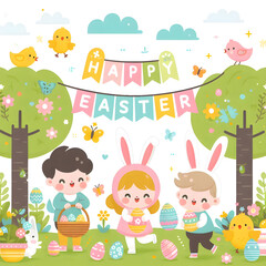Easter Garden Illustration, Children Egg Hunt with Bunny Suits and Chicks, Kid-Friendly Easter Egg Hunt Clipart, bunny costumes, Pastel Garden Illustration with Children and Chicks. Generative ai