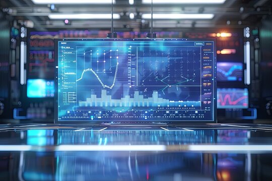 Digital holographic display showcasing scientific data and graphs in a modern analytics environment Generative AI