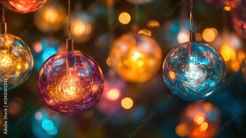Leinwandbilder Colorful orbs arranged in a row create a vibrant display of light and reflections in a dark setting during nighttime