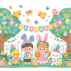 Naklejka premium Easter Garden Illustration, Children Egg Hunt with Bunny Suits and Chicks, Kid-Friendly Easter Egg Hunt Clipart, bunny costumes, Pastel Garden Illustration with Children and Chicks. Generative ai