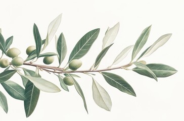 Obraz premium Elegant Olive Branch with Green Olives and Lush Leaves Against a Soft Neutral Background for Botanical and Culinary Representations