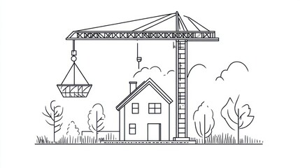 Construction illustration, crane, house, landscape, background, outline drawing, black and white, simple design, could be stock photo or teaching material
