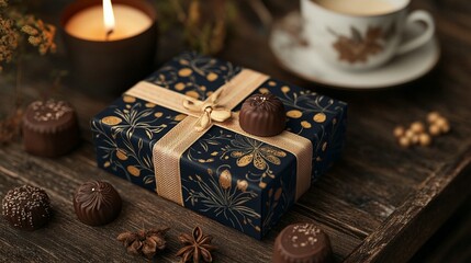 Fototapeta premium Gift box with chocolates, candle, and tea on wooden tray.