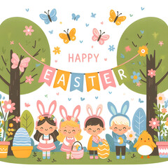 Fototapeta premium Easter Garden Illustration, Children Egg Hunt with Bunny Suits and Chicks, Kid-Friendly Easter Egg Hunt Clipart, bunny costumes, Pastel Garden Illustration with Children and Chicks. Generative ai