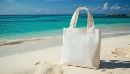 White Tote Bag on Tropical Beach: Summer Vacation Essentials