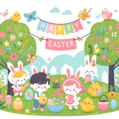 Easter Garden Illustration, Children Egg Hunt with Bunny Suits and Chicks, Kid-Friendly Easter Egg Hunt Clipart, bunny costumes, Pastel Garden Illustration with Children and Chicks. Generative ai