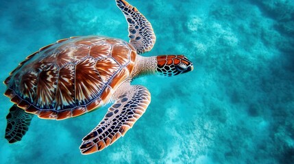 Obraz premium A Sea Turtle Is Swimming Gracefully Through Clear Ocean Waters