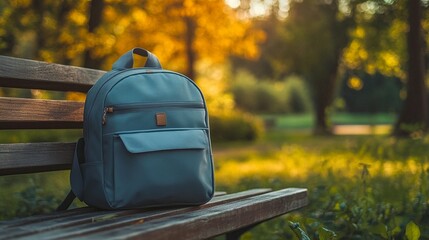 Grey backpack rests on a park bench at sunset.