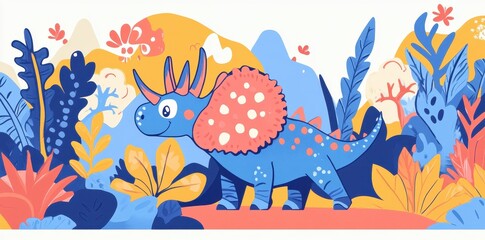 Obraz premium A friendly cartoon triceratops smiles amidst colorful illustrated foliage