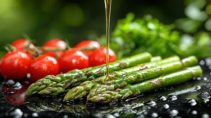Olive oil pours on asparagus next to tomatoes and greens on a dark surface
