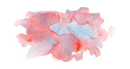 Artistic hand painting blue and red pink textured watercolor splash shape. Abstract creative coral and turquoise ink painting gradient stain for poster design, nature sky concept, backdrop