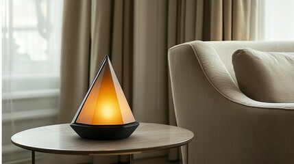 Illuminated glass pyramid lamp on a side table in a living room.