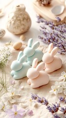  Cute marzipan bunnies with lavender and flowers for springtime decorations and confectionery concepts