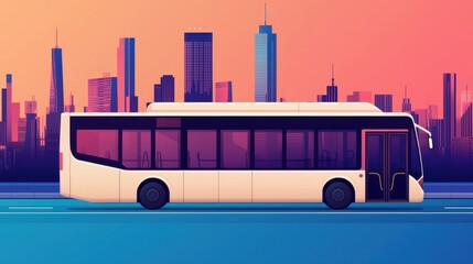 A sleek bus drives past a vibrant city skyline during sunset, showcasing modern architecture and dynamic colors.