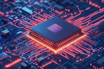 A close-up view of a microchip surrounded by glowing circuits, representing advanced technology and electronic connections.