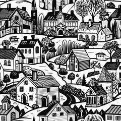Naklejka premium Hand Drawn Black and White Vector Illustration of a Detailed Country House with Intricate Facade