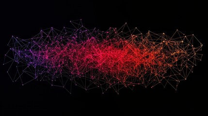 A vibrant, abstract representation of interconnected lines and nodes, showcasing a gradient of colors from purple to red against a dark background.