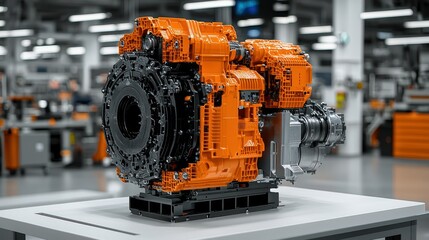 Orange, black car engine; detailed manufacturing environment in background
