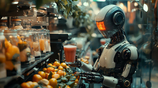 Futuristic Robot Barista in a Modern Kitchen: Automation Meets Artificial Intelligence in Fruit Juice Preparation